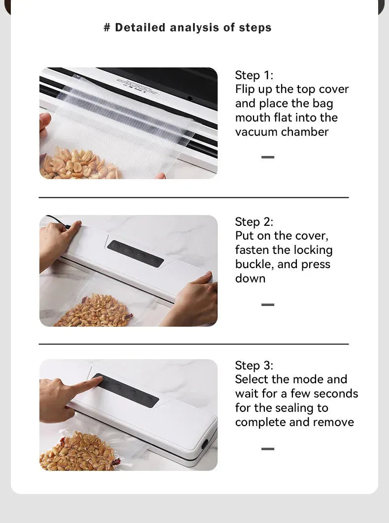 Black compact automatic vacuum sealer machine for food preservation on a kitchen counter.