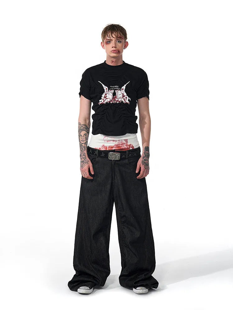 Men's slim fit black printed short sleeve t-shirt with round neck for summer