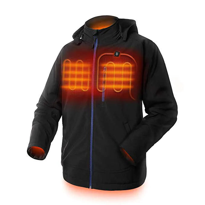 Black men's waterproof winter coat with USB heating technology and windproof polyester construction