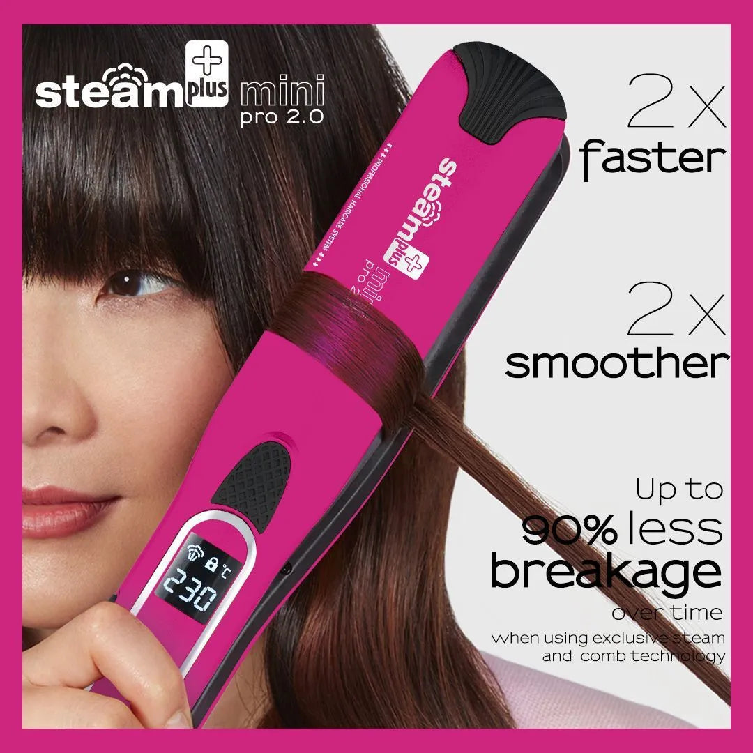 Mini steam spray hair straightener in purple, rose red and champagne colours showing heated plates and steam function