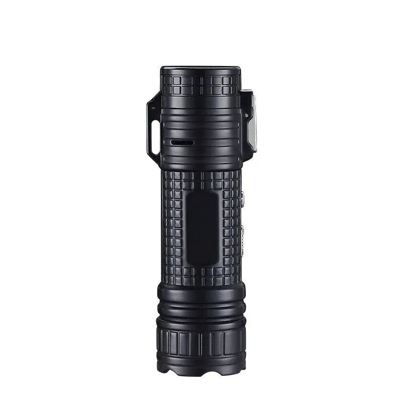 TH727 Multifunction metal flashlight lighter in camouflage, red, black, blue, and yellow colours.