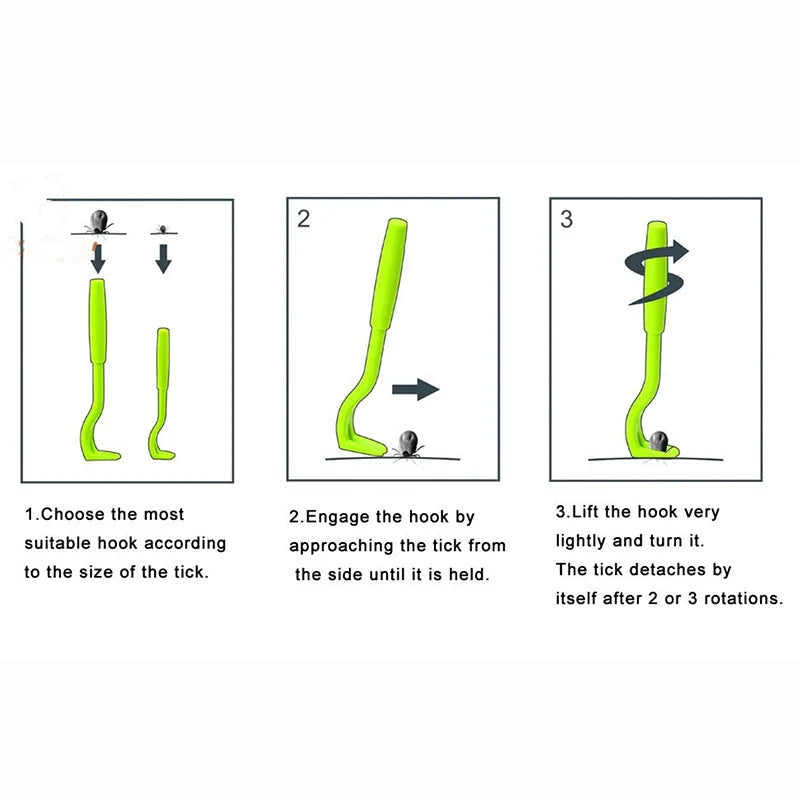 Three plastic tick removal hook tools for pets in blue or green colours