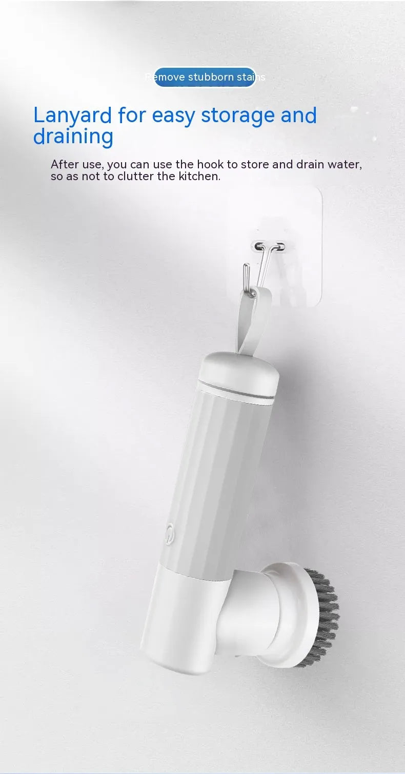 Electric cleaning brush with 6 brush heads in white and warm colour for bathroom and kitchen use
