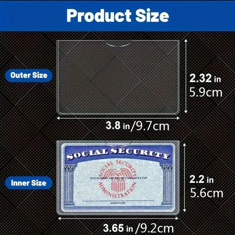 Transparent waterproof PVC card holder protecting a social security card, shown at actual 9.7cm by 5.9cm size.