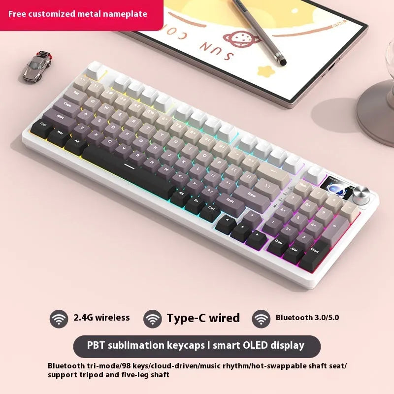 98-key wireless mechanical keyboard kit with display screen options and metal control knob