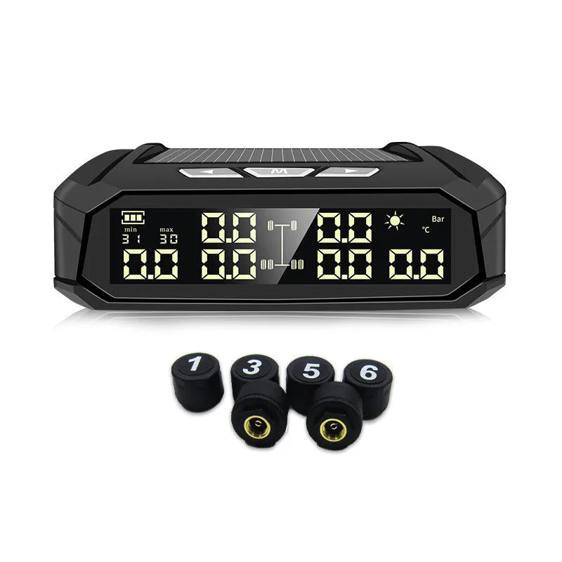 Solar external tire pressure monitor system with colour digital display for six-wheel RVs and trucks