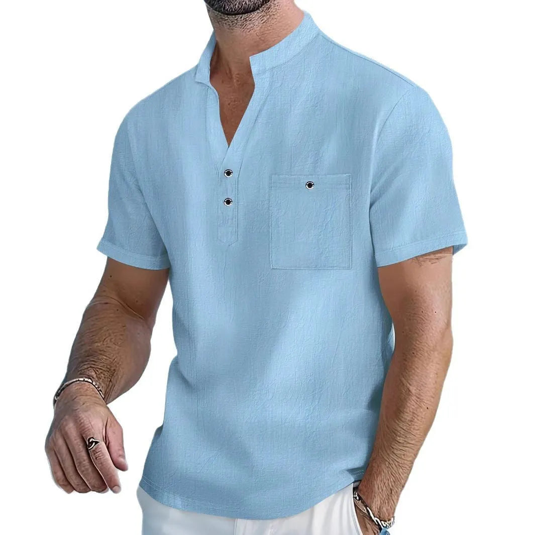 Men's loose fit linen blend short sleeve shirt with a stand collar in a light blue colour