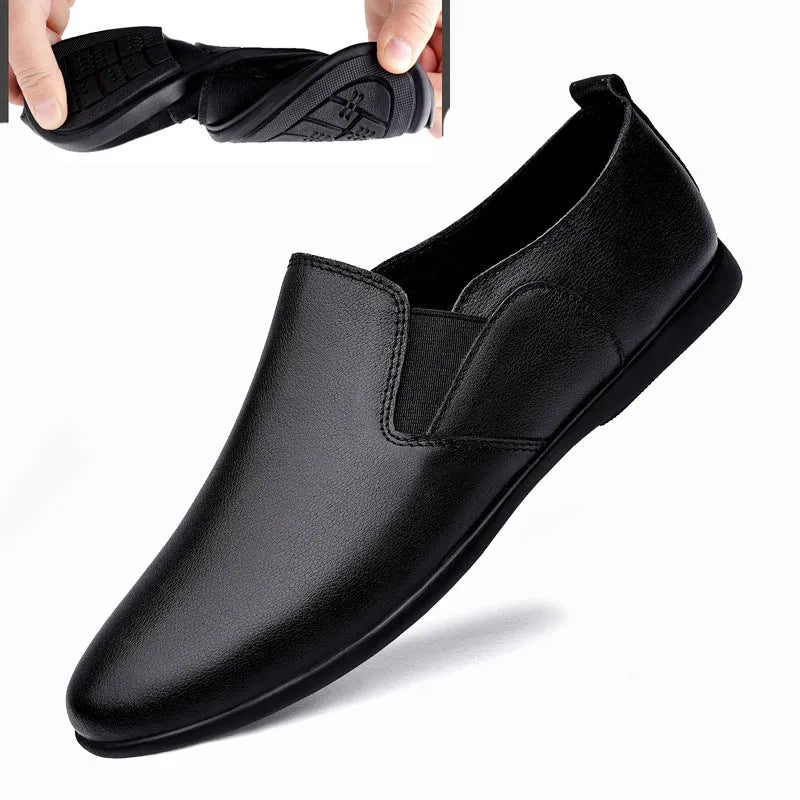 Men's black cowhide leather round toe business casual shoes on a white background