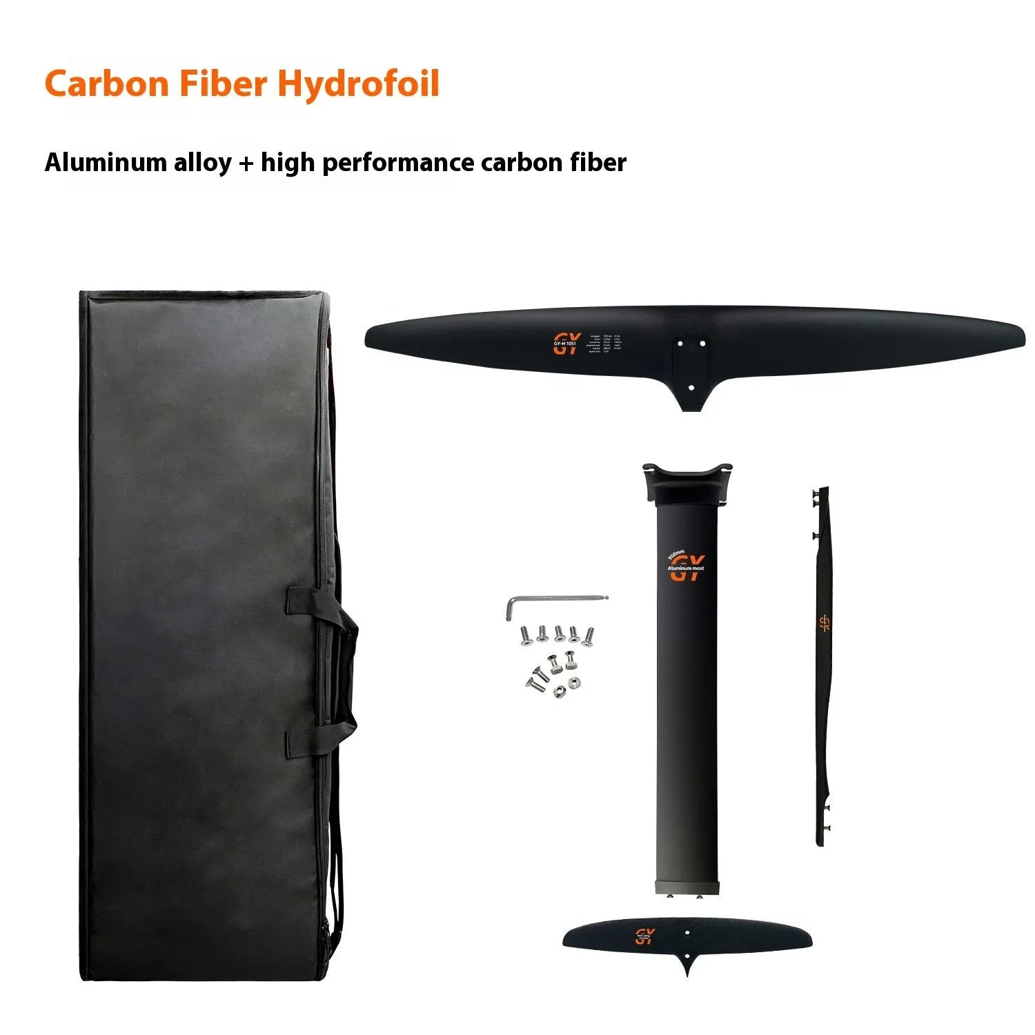Black carbon fibre and aluminium alloy hydrofoil for surfing with 1051mm wide front wing