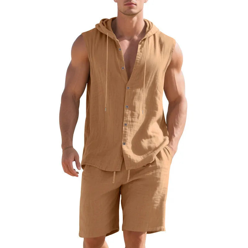 Linen sleeveless shirt shorts suit for men in army green, S-XXXL size range