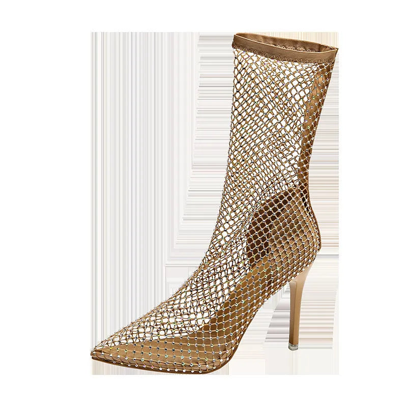 Gold mesh high heel sandals with pointed stiletto design showing oversleeves wearing method