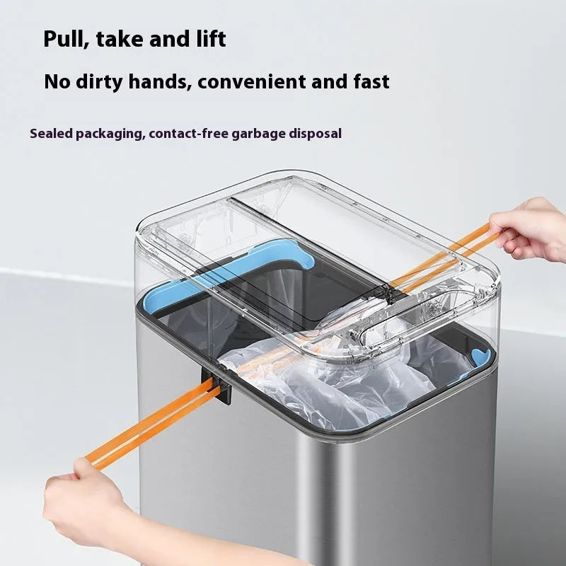 Stainless steel square smart trash can with inductive sensor and deodorising function.