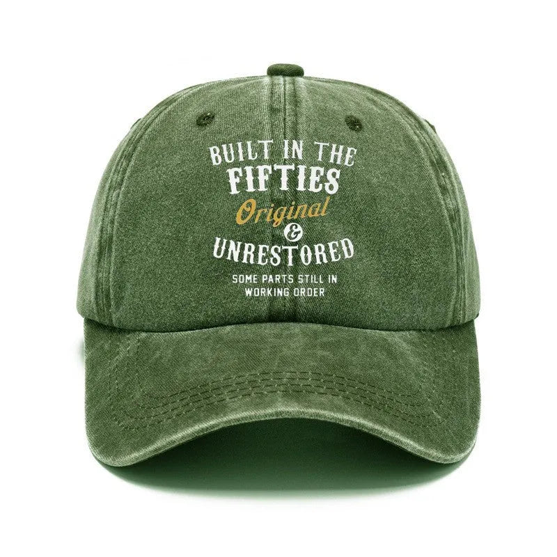 Washed cotton printed distressed vintage dad baseball cap in Fifties Black with adjustable back