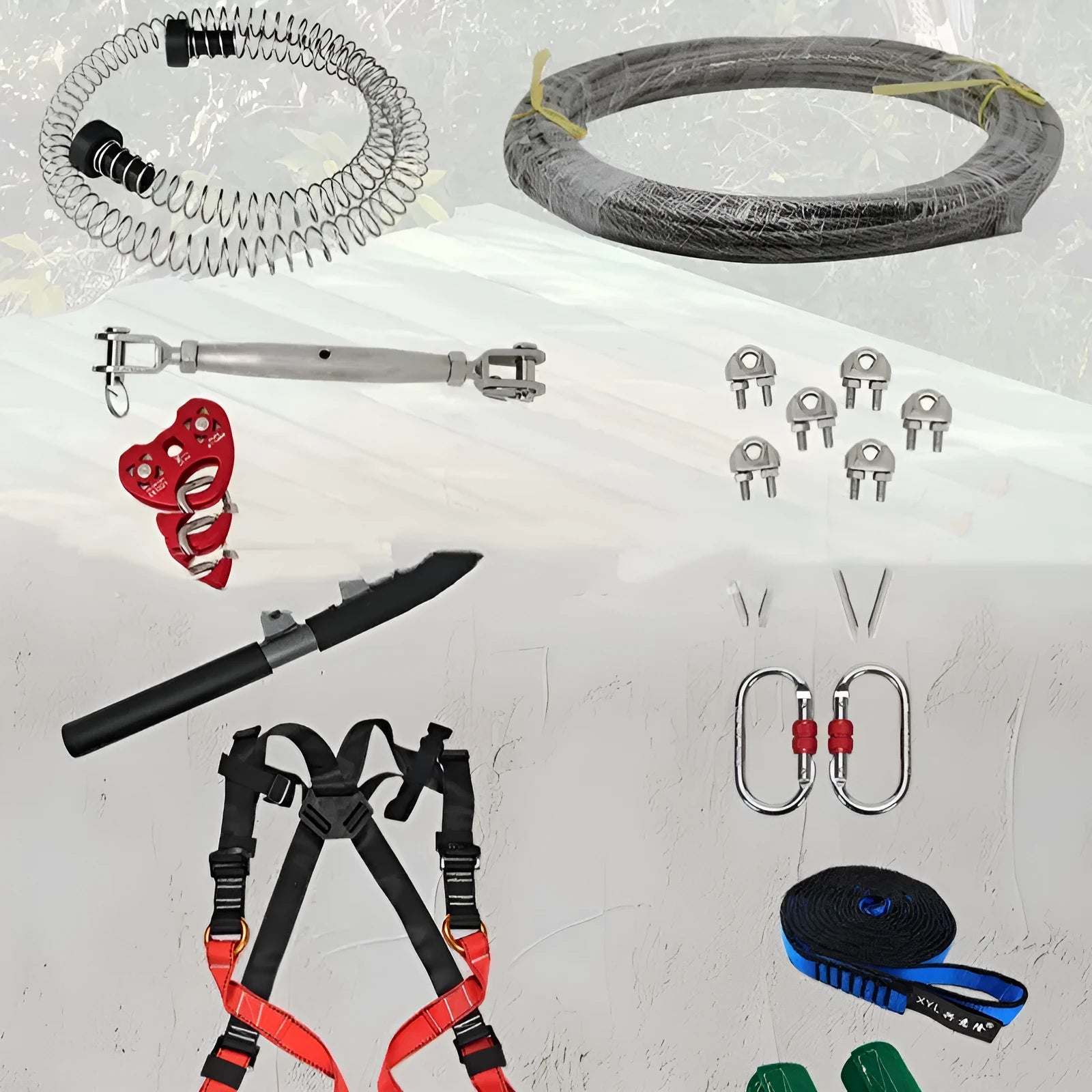 Ziptreck Suit 10 metre pulley rope kit with alloy steel components and safety retractor