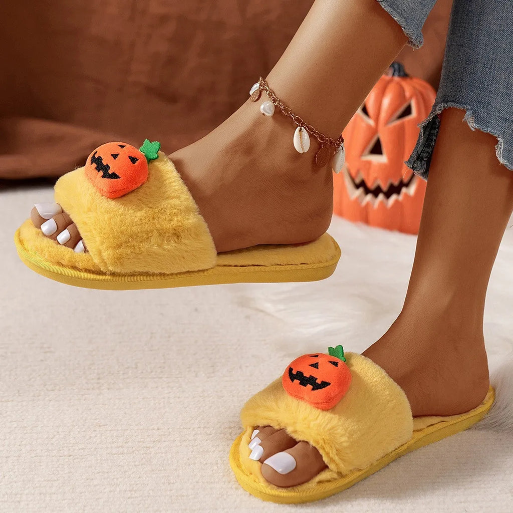 White and yellow Halloween pumpkin plush slippers with open toe and synthetic fur upper