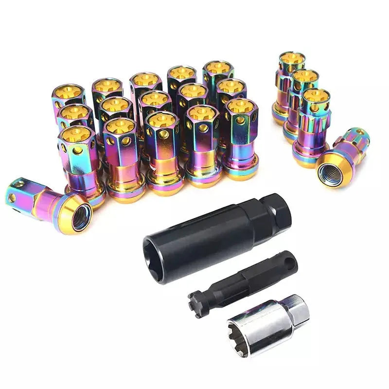 Set of aluminium alloy flat head wheel nuts in various colours including black, blue, gold, red, and purple.