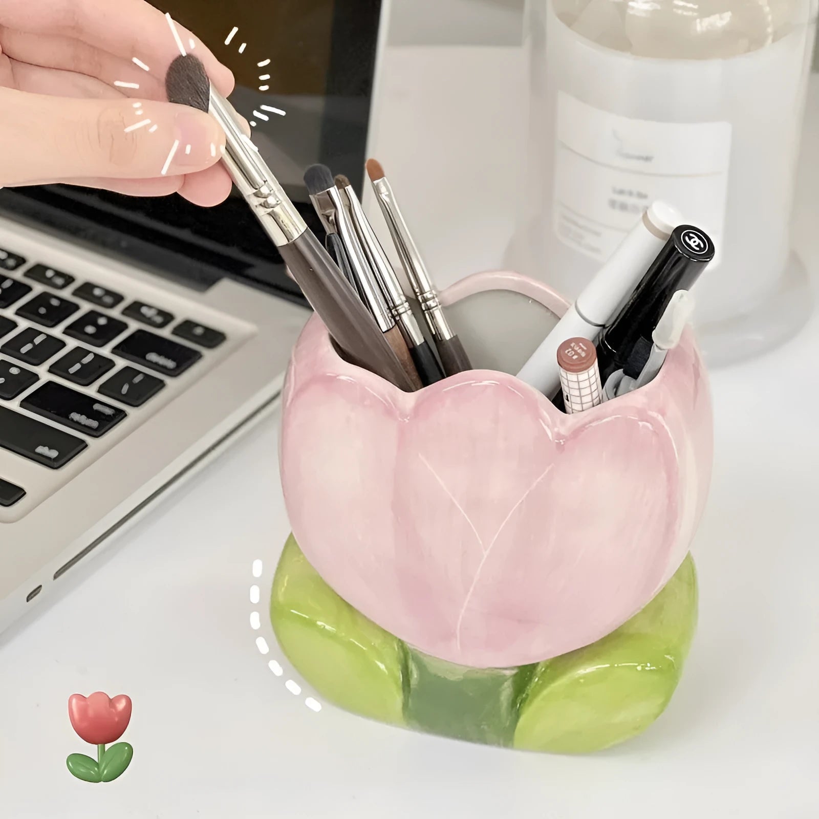 Ceramic flower pen holder storage box with tulip design in blue, pink, and purple colour patterns