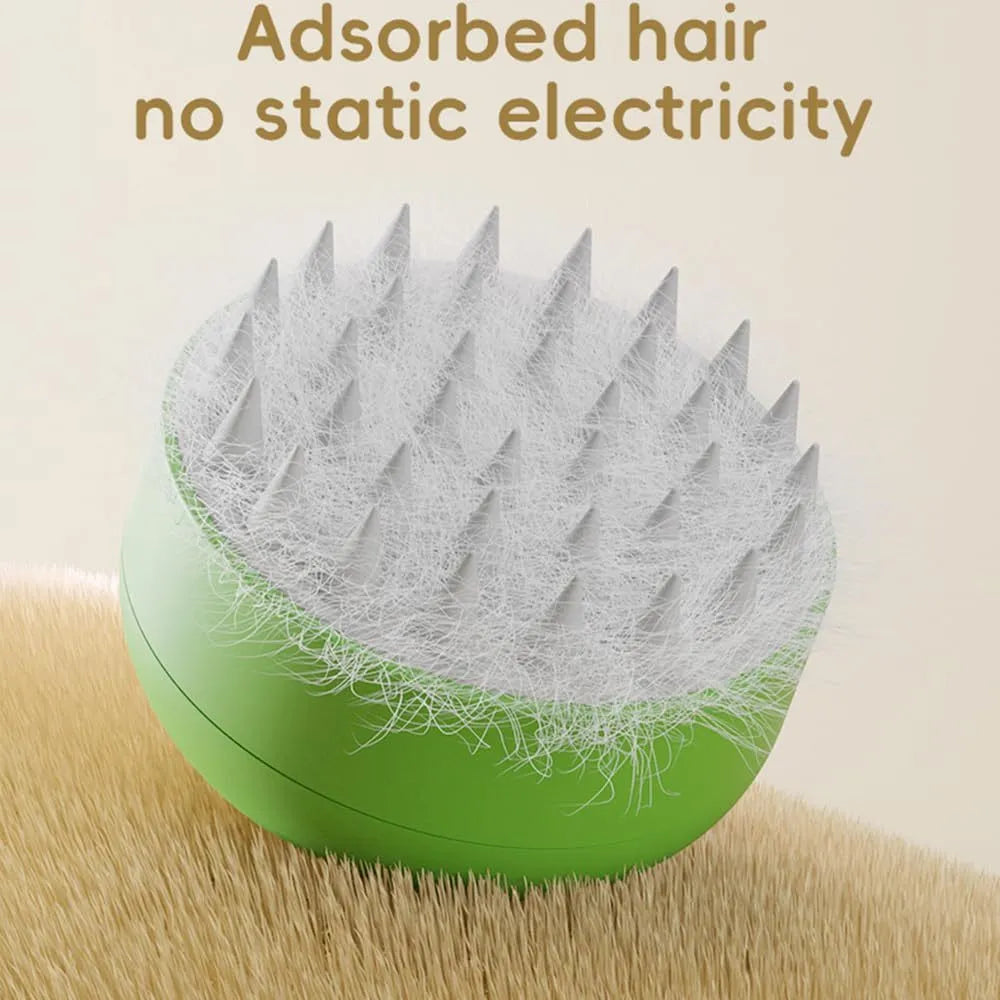 Green rechargeable cat steam brush with soft silicone head on a white background.