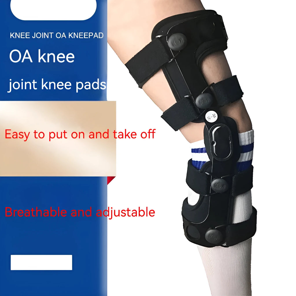 Black anterior ligament knee support brace showing composite construction with iron and cloth materials.