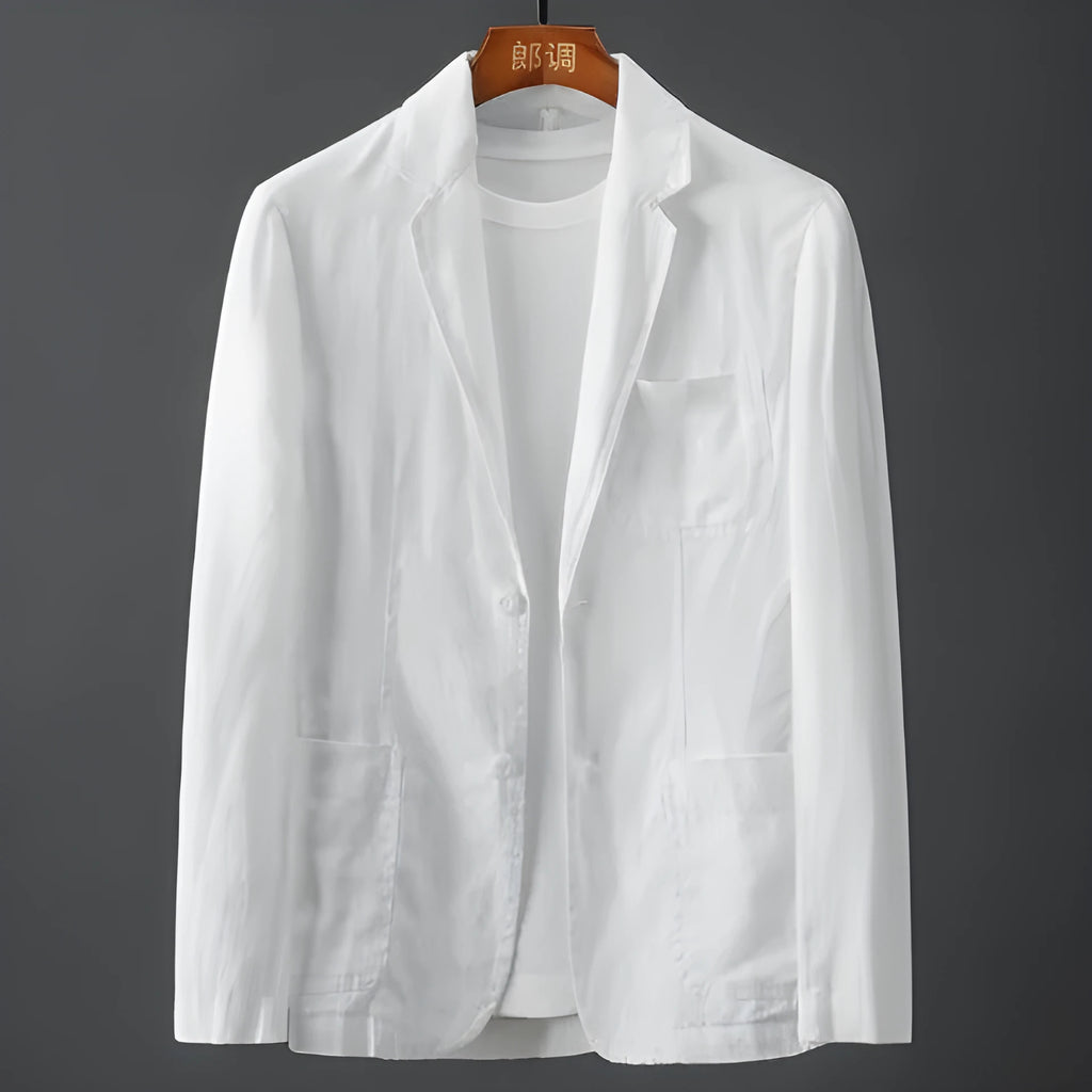 Men's solid colour suit blazer in slim fit with nine-point sleeves in linen white, available in sizes M to 4XL, chlorine fibre fabric