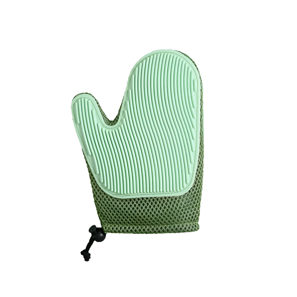 Pet grooming glove for hair removal and massage with TPR padding in dark blue, light green or yellow