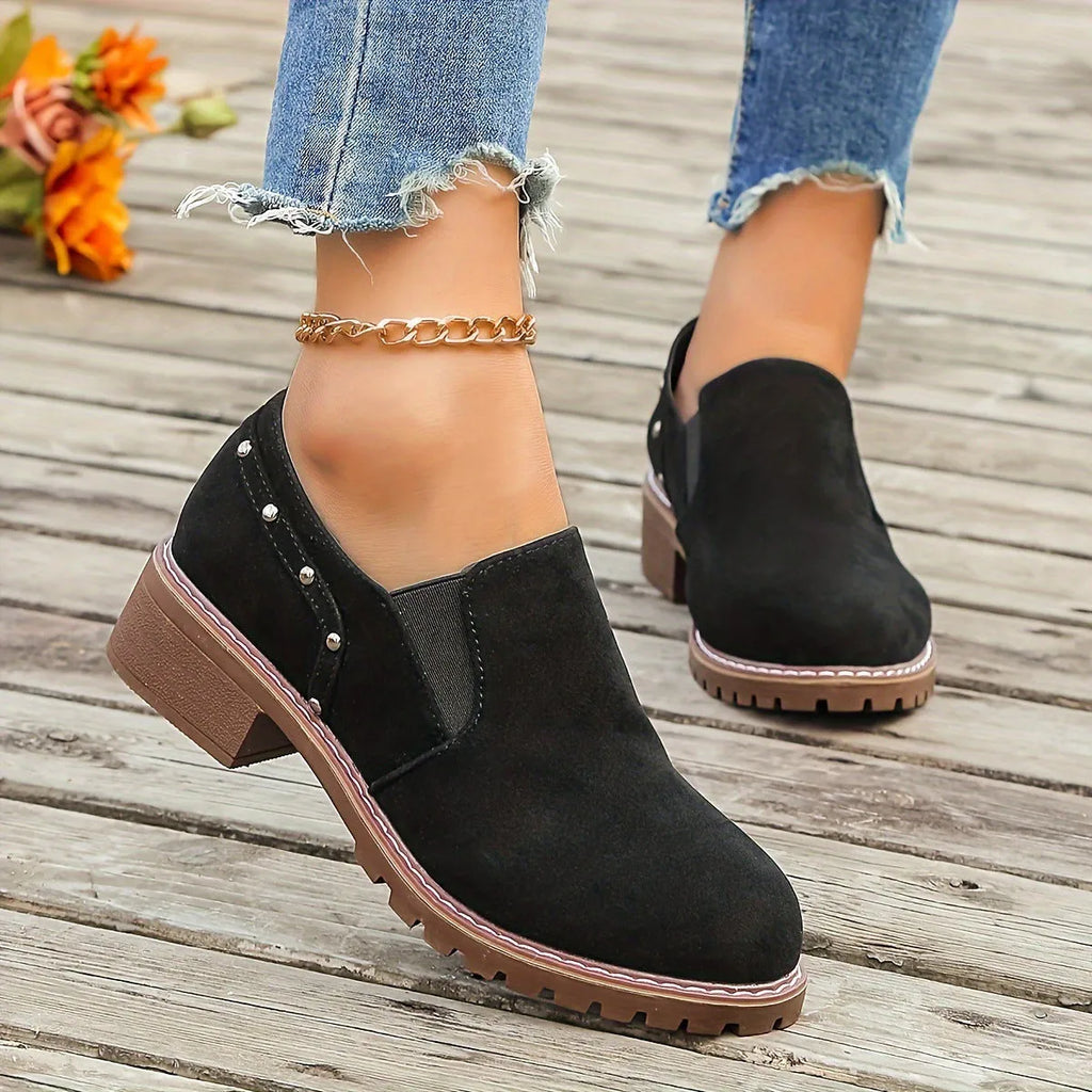 Plus size suede ankle boots for women, low heel, black colour, round toe, elastic band