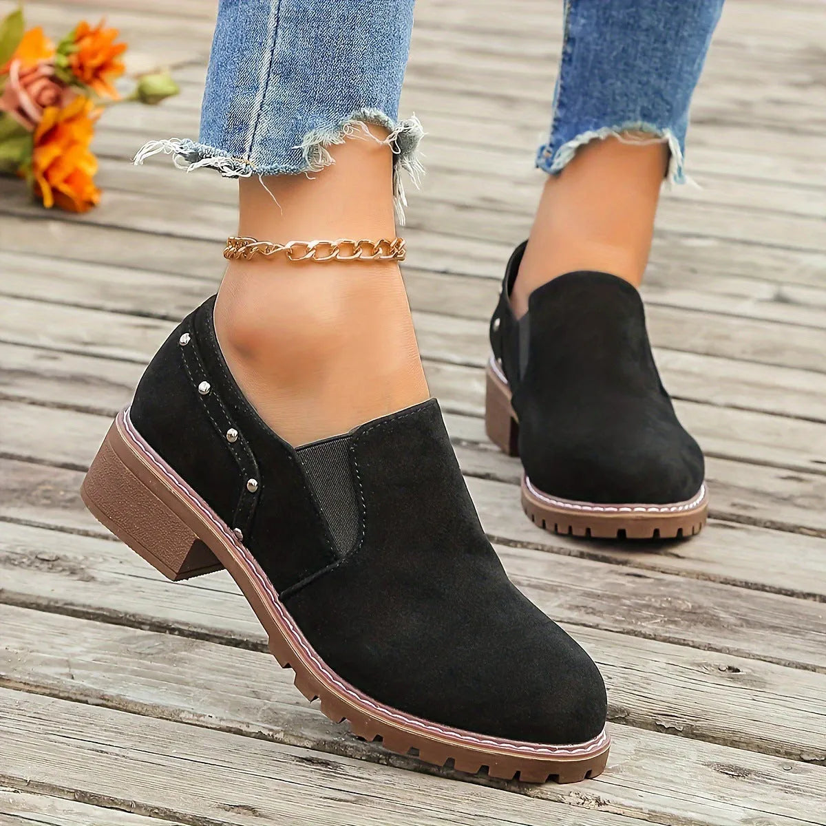 Plus size suede ankle boots for women, low heel, black colour, round toe, elastic band