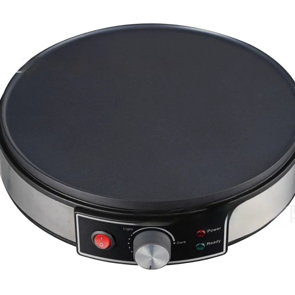 Black electric baking pan with non-stick surface and adjustable temperature knob, 30cm diameter