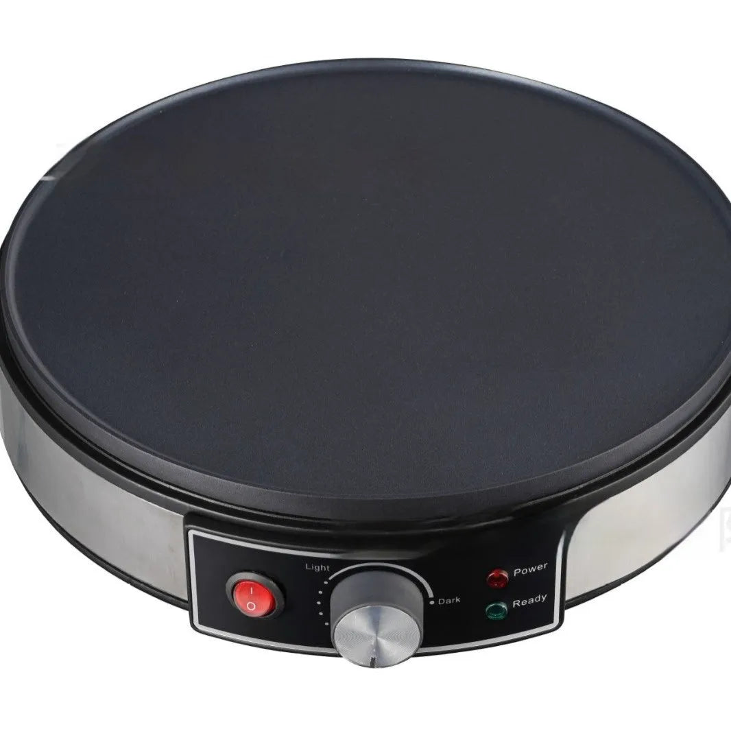 Black electric baking pan with non-stick surface and adjustable temperature knob, 30cm diameter