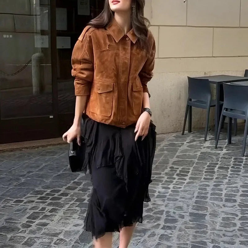 Women's brown suede-look street chic coat with regular sleeves in polyester fabric