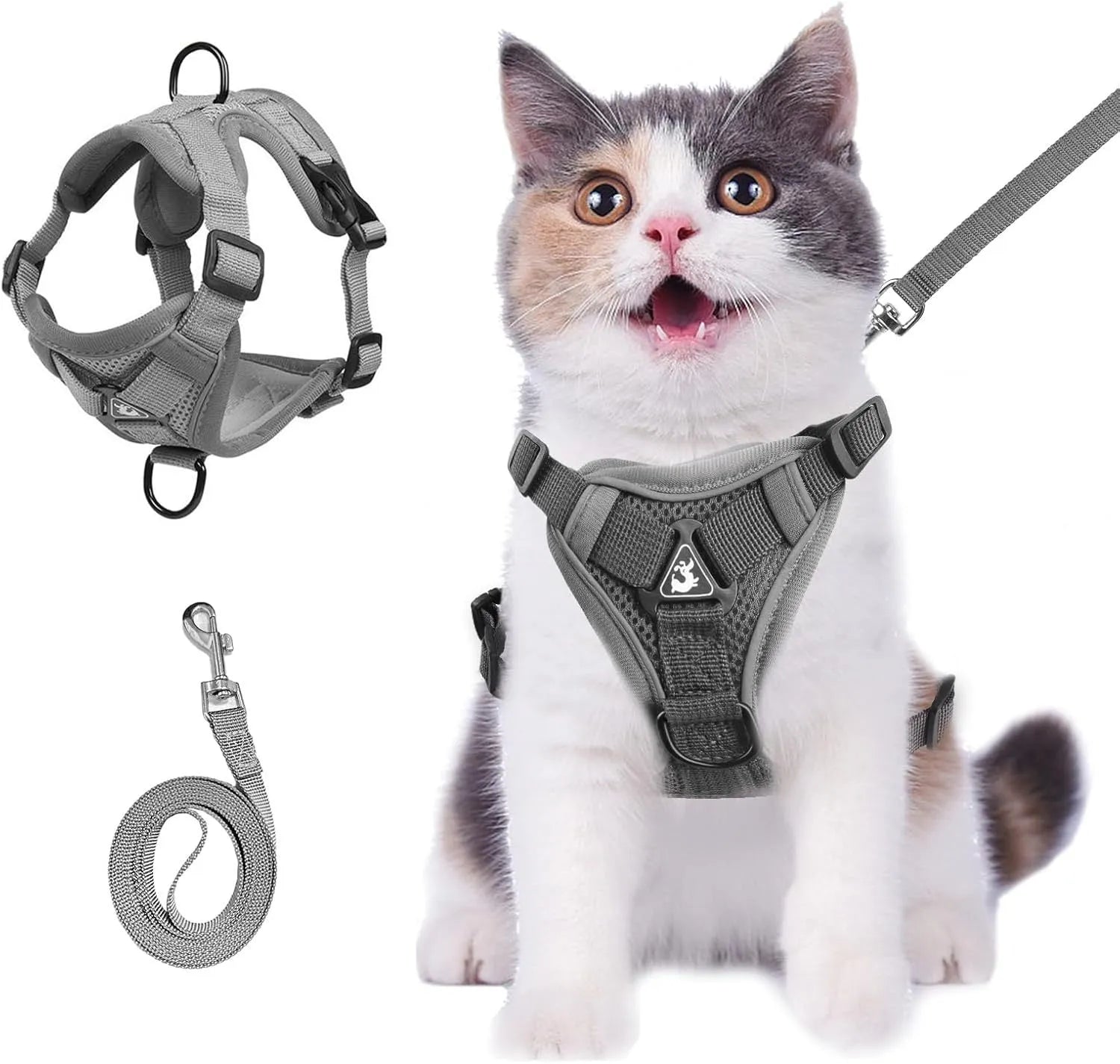 Soft mesh cat harness and leash set in blue with reflective chest patch on a cat outdoors