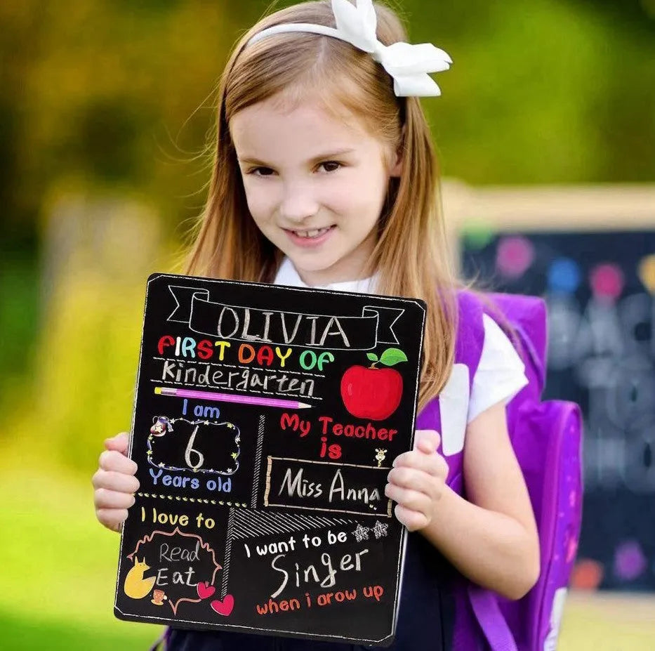 Wooden first day of school blackboard sign with modern design showing dimensions
