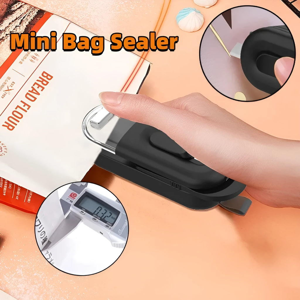 Multi-functional handheld portable battery-powered food bag sealer with sealing and cutting heads, black colour, on white background