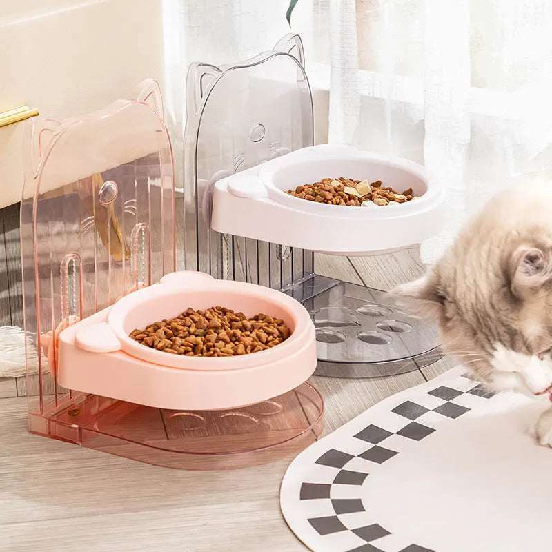 Grey cat feeding bowl with anti-spill cat ears design and removable hanging cage
