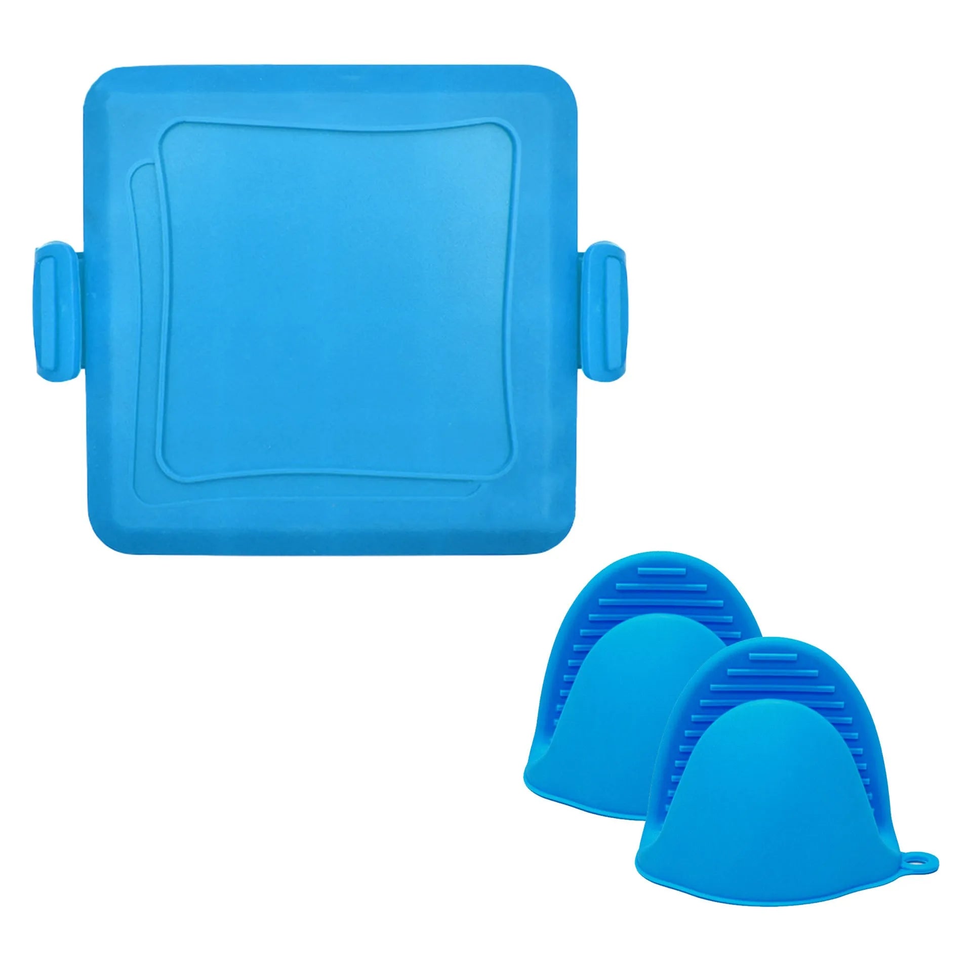 Red silicone baking tray with matching silicone heat-resistant gloves