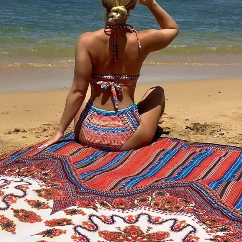 Women's three-piece swimsuit set showing high-waist briefs, cutout blouse, and coat in picture colour