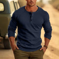 Men's Henry collar long-sleeved t-shirt in white, showing stitching craft detail and pullover style