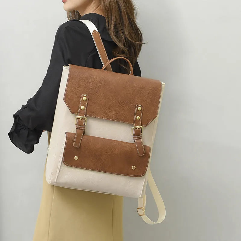 Korean style retro backpack in soft PU leather showing ventilation features and available colour options