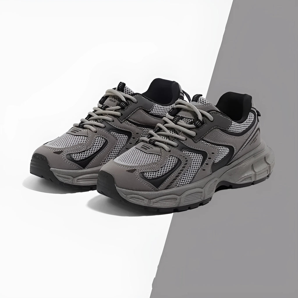 Spring platform casual sneaker in gray velvet with PU mesh upper, leather stitching, flat heel, and front lace-up closure