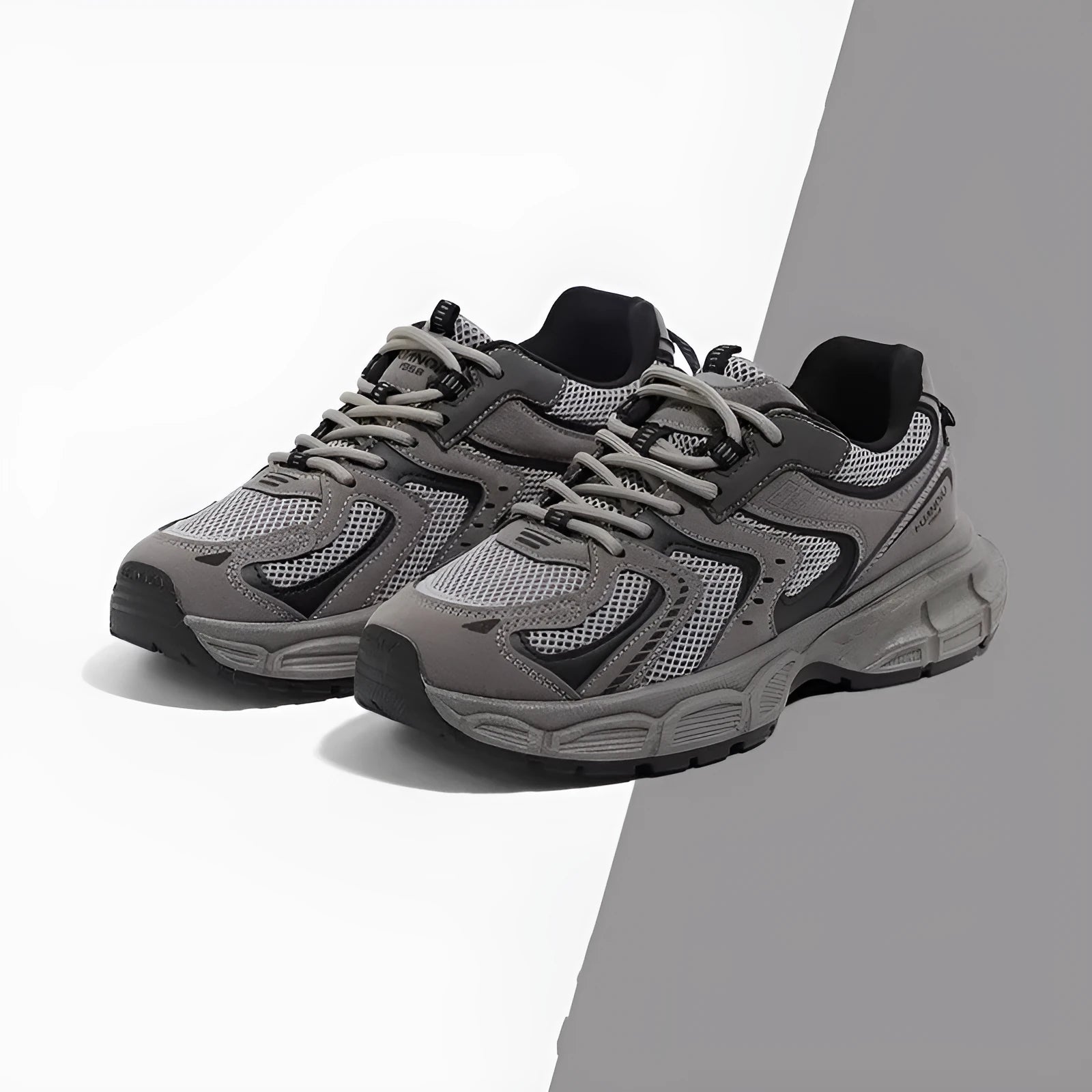 Spring platform casual sneaker in gray velvet with PU mesh upper, leather stitching, flat heel, and front lace-up closure