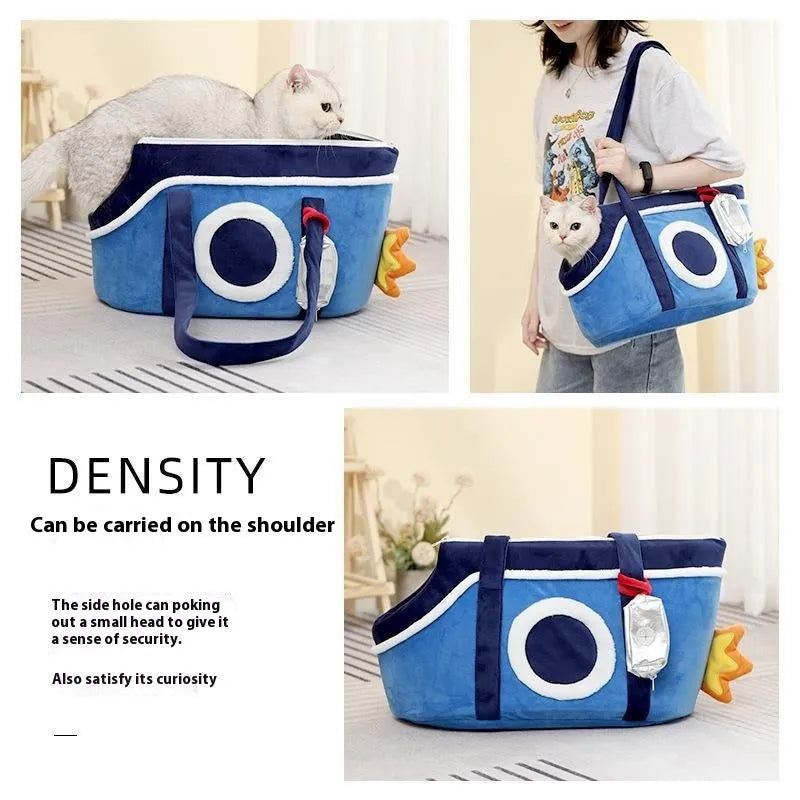 Shoulder cat bag in short plush with cartoon pattern, suitable for cats and small dogs under 5kg