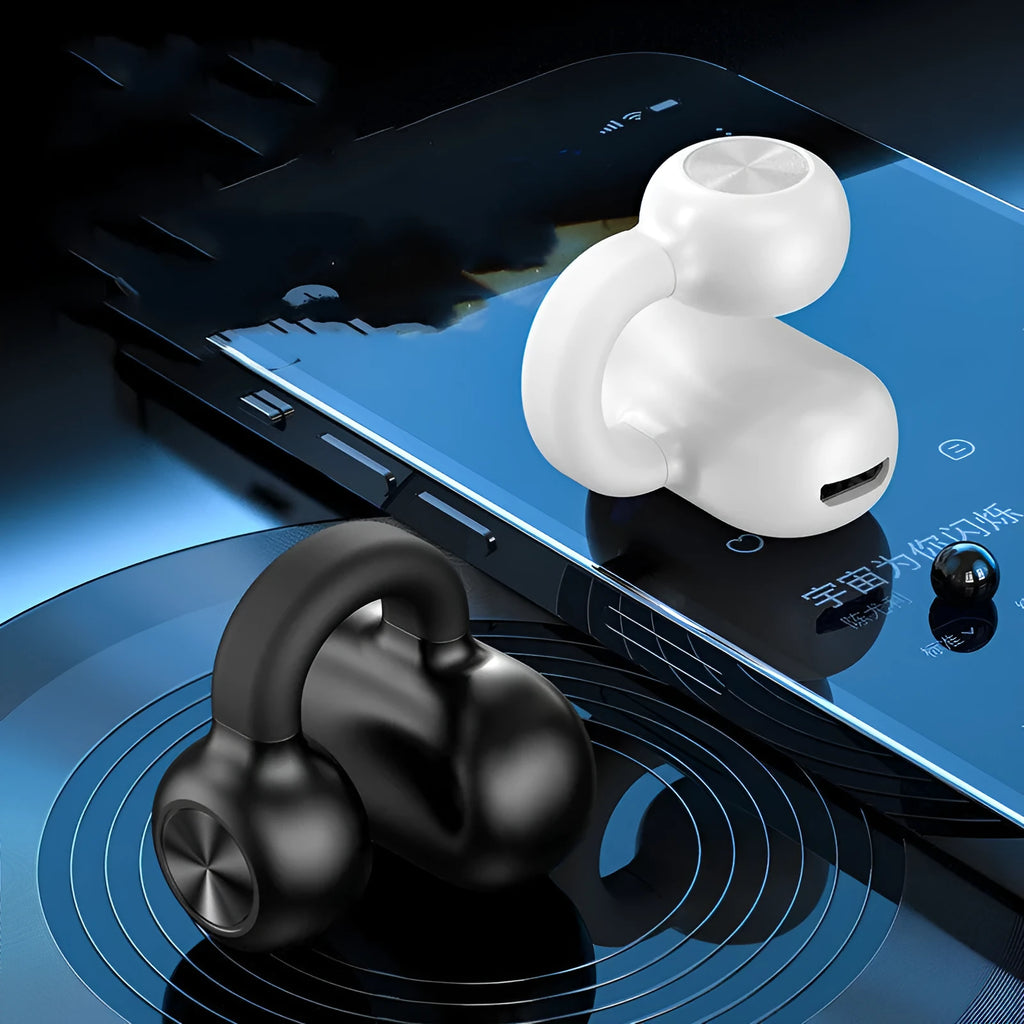 Black wireless Bluetooth headset with clip-on design for bone conduction audio during exercise