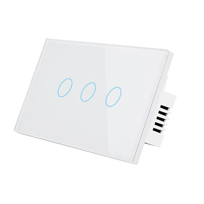 2-gang touch light switch with tempered glass panel and RF remote control in black, white, or gold