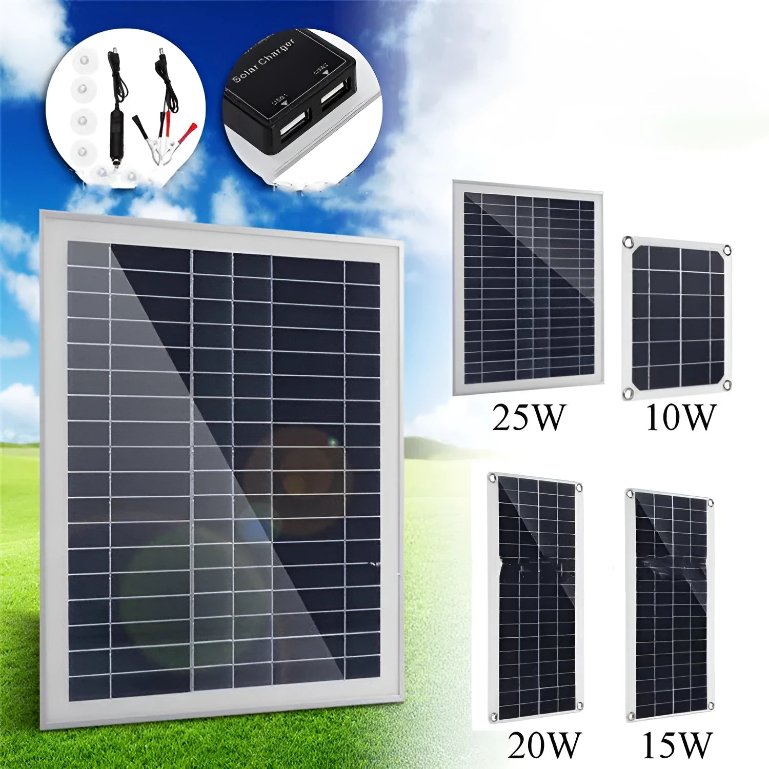 Polysilicon solar panel with dual USB ports for outdoor charging, available in 10W, 15W, 20W and 25W power options.