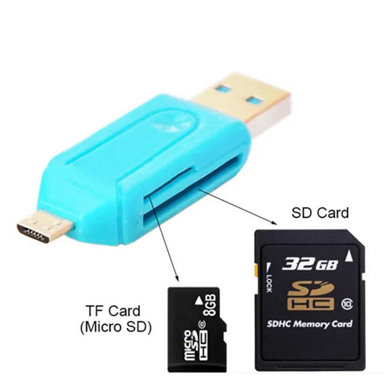 OTG card reader with micro USB connector in five colour options: white, pink, green, blue, and black