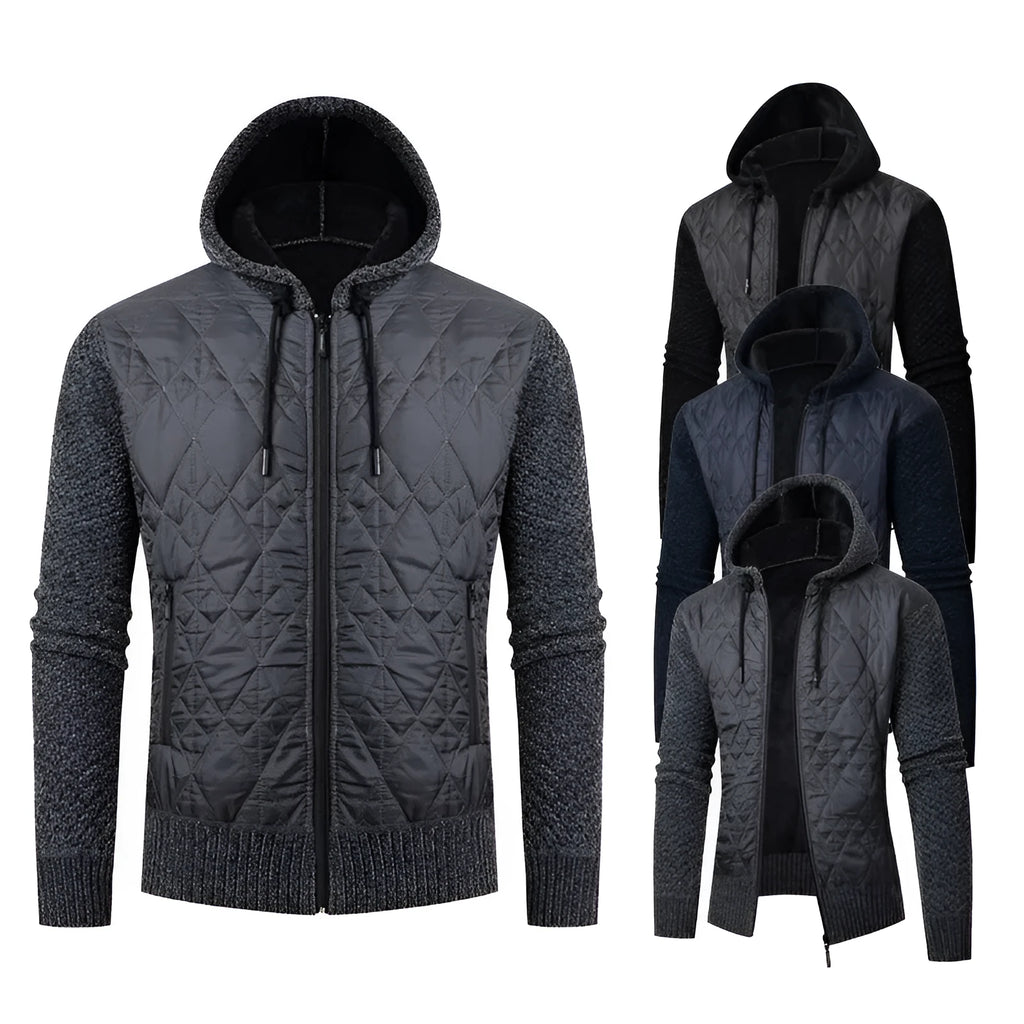 Men's grey wool corduroy hooded sweater coat with cinched waist shown on adult male model
