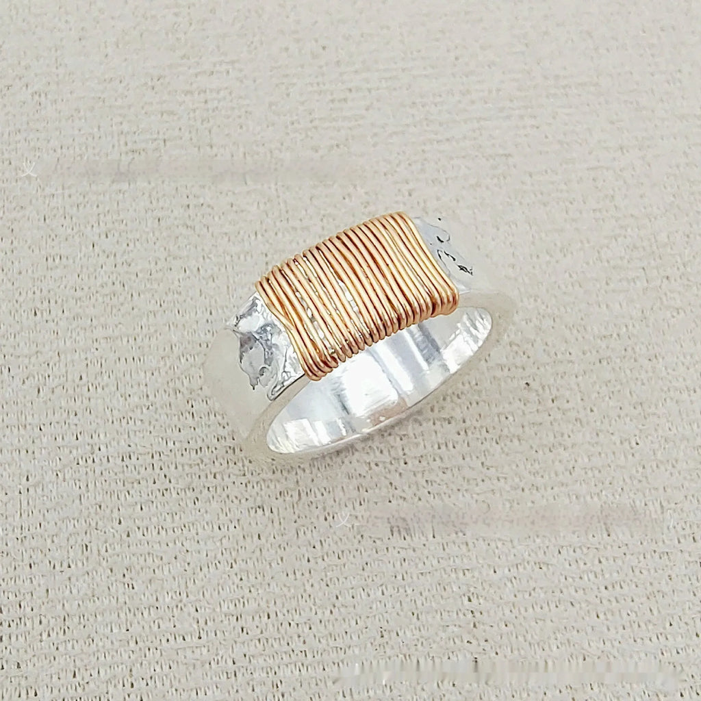 Copper vintage ring bracelet with irregular coil geometric design in silver golden electroplated finish
