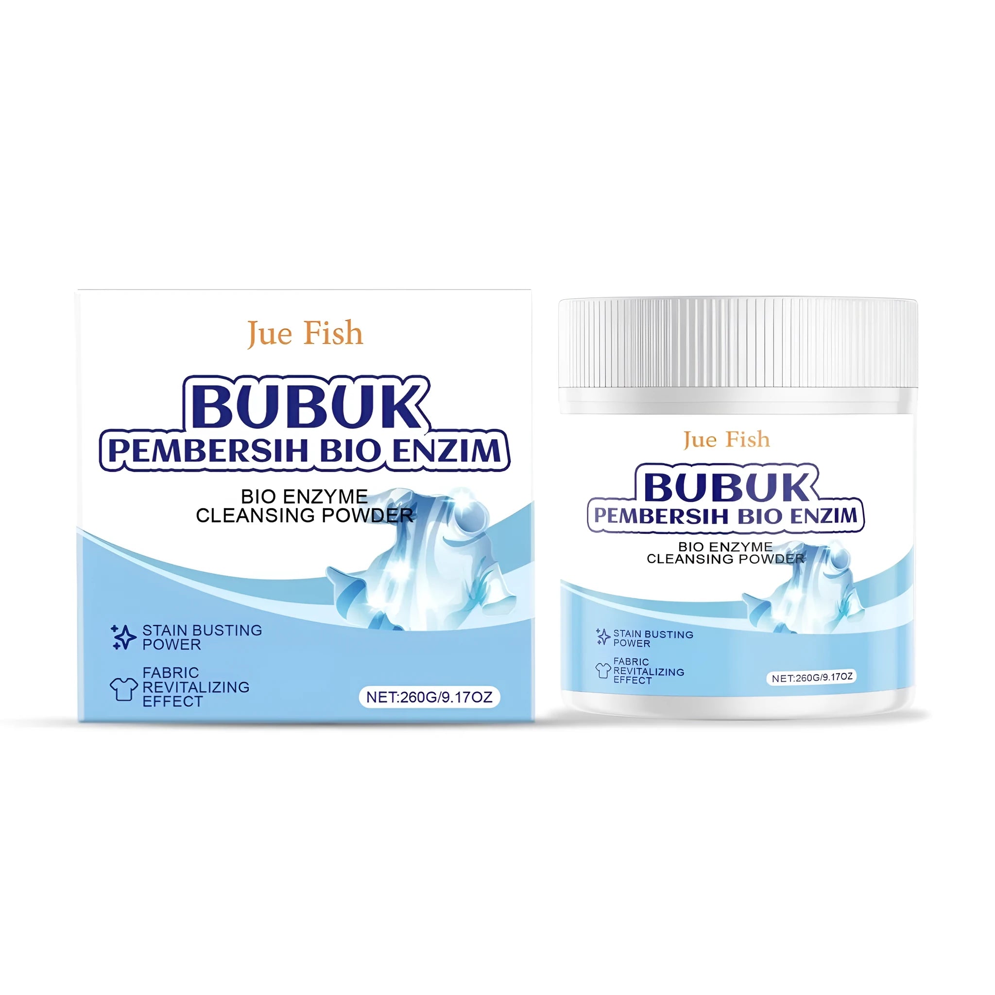 Bio enzyme cleaning powder in packaging, 260g capacity with ingredient list including sodium percarbonate and protease.