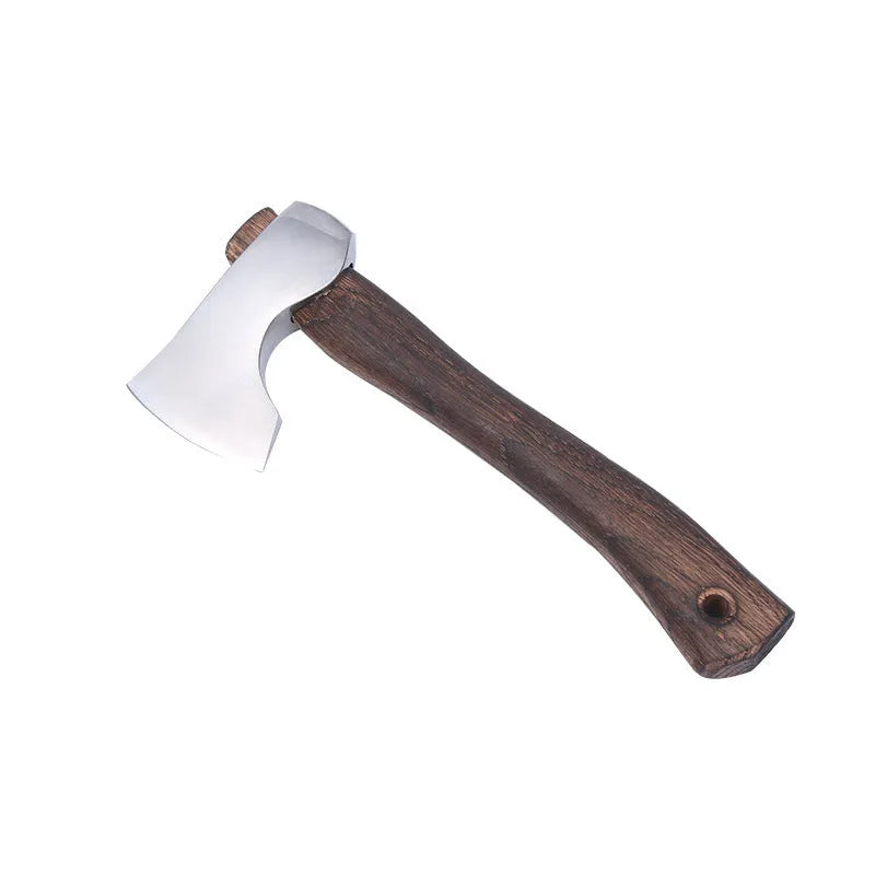 Camping axe with high carbon steel blade and wooden handle showing 250mm length