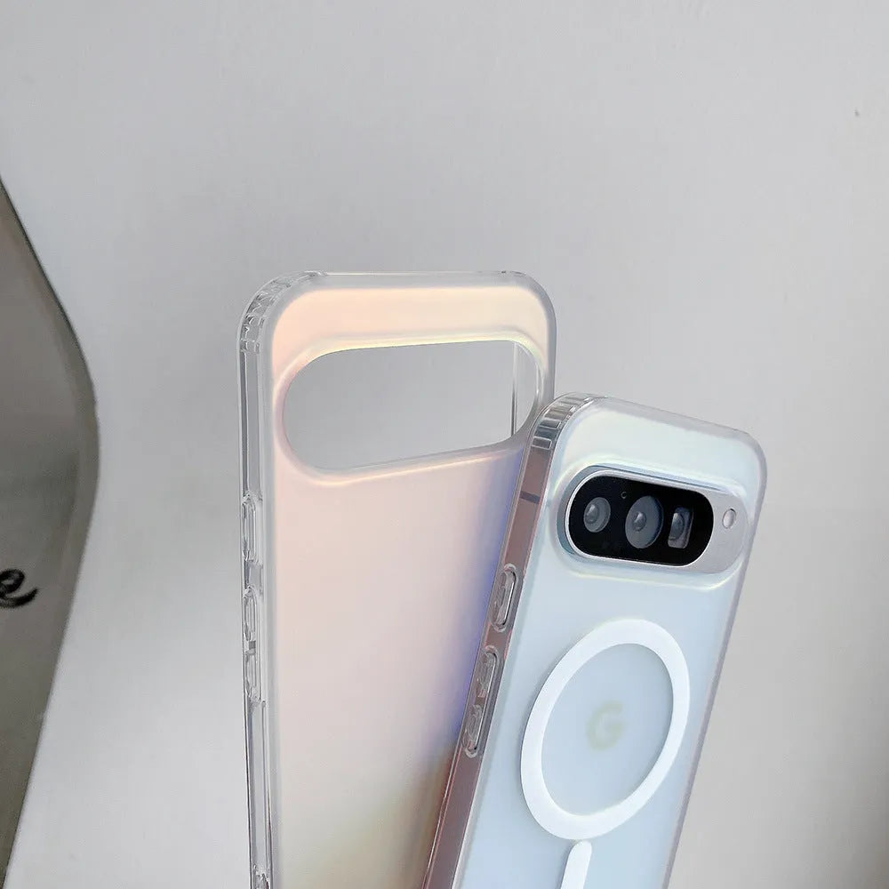 Transparent colourful frosted laser phone case for Google Pixel smartphones on a table